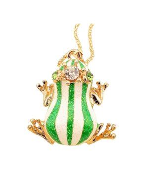 Betsey Johnson Green & White Striped Enamel Frog Pendant Necklace Gold Tone with